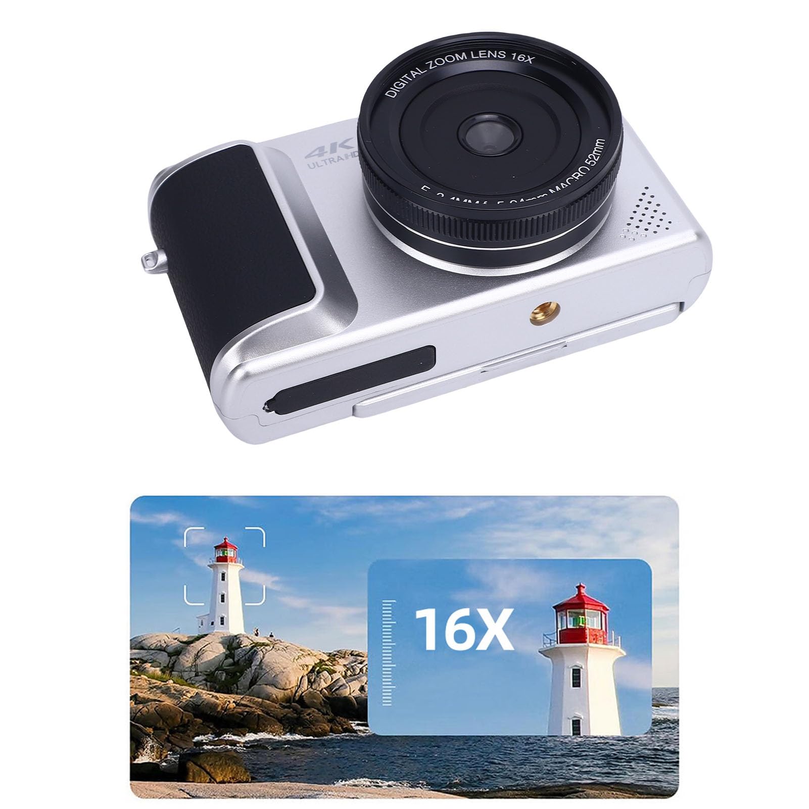Fabater Fotocamera Digitale 4K HD 64MP Videocamera Mirrorless Ultra Nitida con Messa a Fuoco Automatica AF per Viaggi, Feste e Lauree (SILVER)