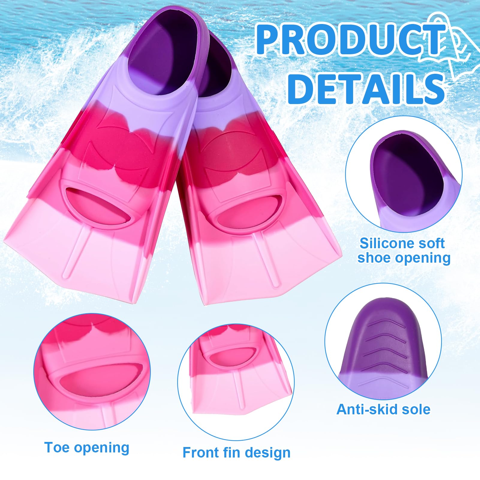 Pinne da nuoto per bambini, pinne corte in silicone, pinne corte per bambini, pinne corte da addestramento, pinne corte per bambini e adulti