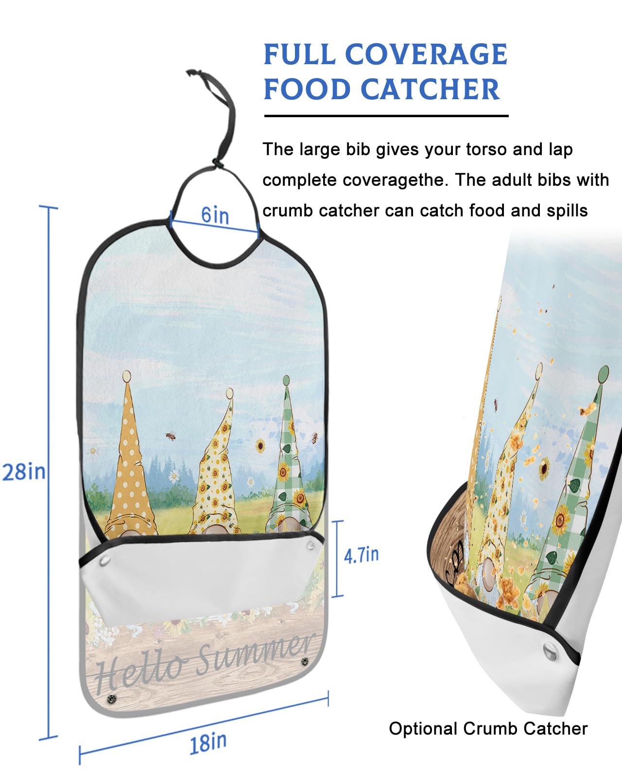 LEOKOTI Sunflower Gnomes Adult Bibs for Eating, Waterproof Bibs with Food Catcher & Adjustable Snap Closure, Hello Summer Floral Farmhouse Washable Clothing Protectors Adult Bibs for Elderly Women/Men