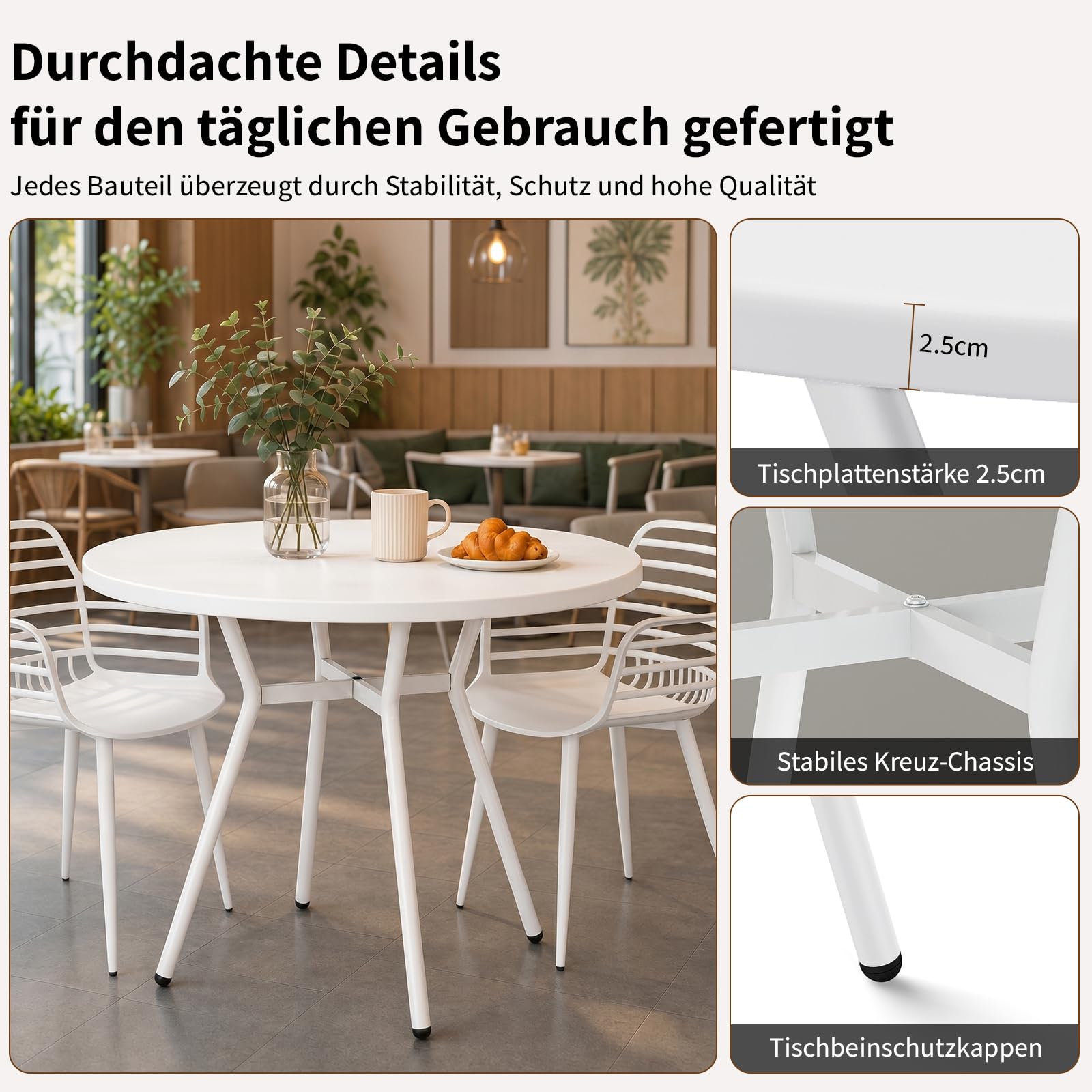 JIJIAN Essgruppe, Runder Weiß Esstisch mit 2 Weiß Armlehnenstühle, Durchmesser 80 cm, für Wohnzimmer, Café, Terrasse, Garten, Empfangsraum