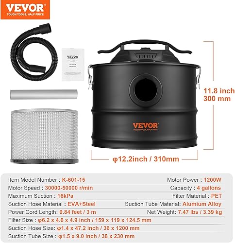 Miniatura 7 de VEVOR Aspiradora de 4 galones con potente succión de 1200 W, colector de aspiradora de cenizas con manguera flexible de 47.2 pulgadas, para