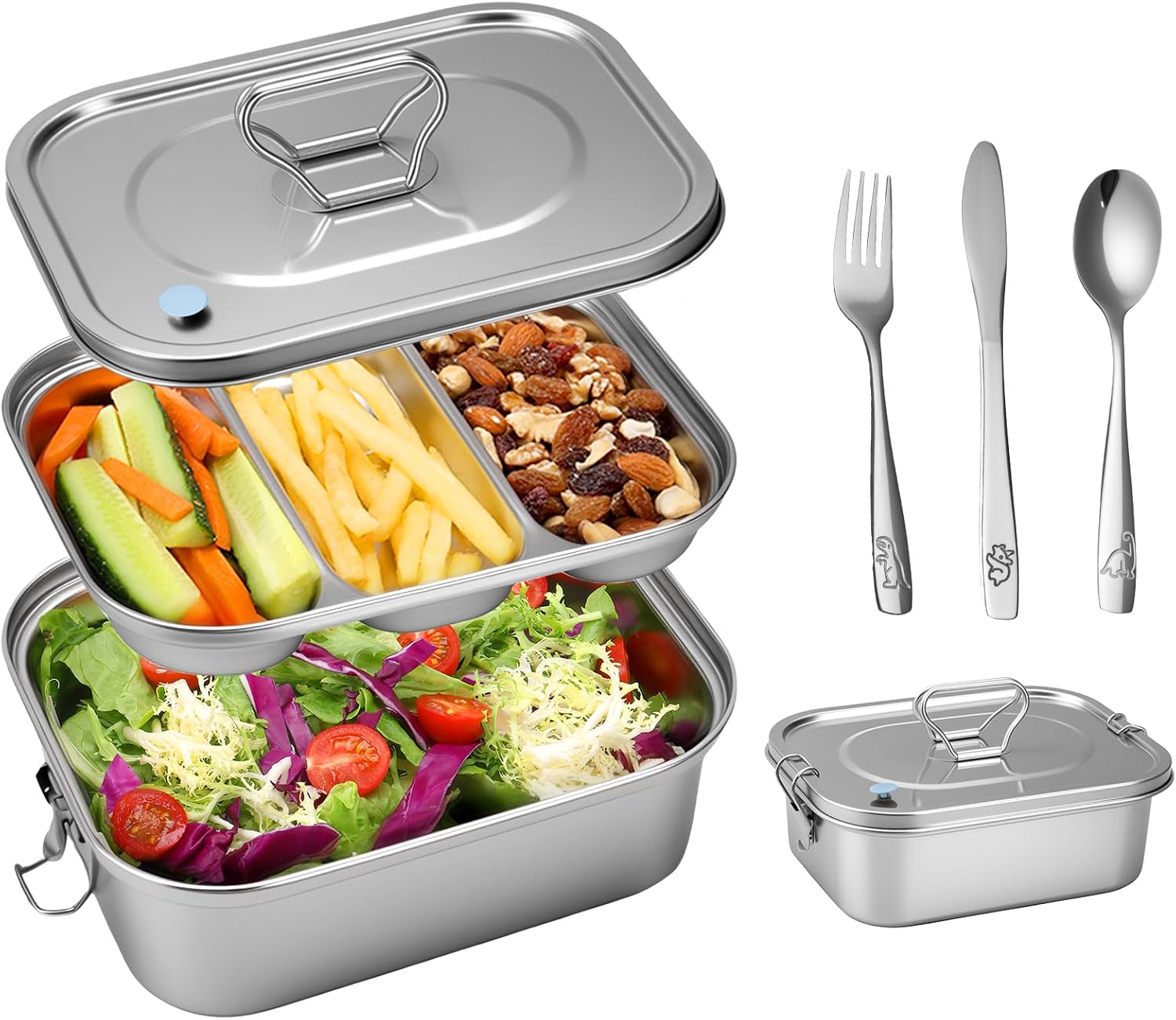 Bento Box Stainless Steel 304 Leakproof 3 Compartment Tray 1800ml Stainless Steel Lunch Box with Airtight Valve Handle Including Cutlery Set (Fork/Knife/Chopsticks)