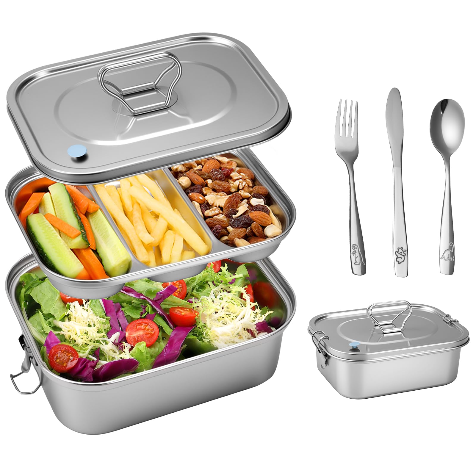 SUTETLW 304 Stainless Steel Bento Box Leakproof 3-Compartment Tray, 1800ml Stainless Steel Lunch Box with Airtight Valve Handle, Including Utensil Set (Fork/Knife/Chopsticks) for Travel, Work.