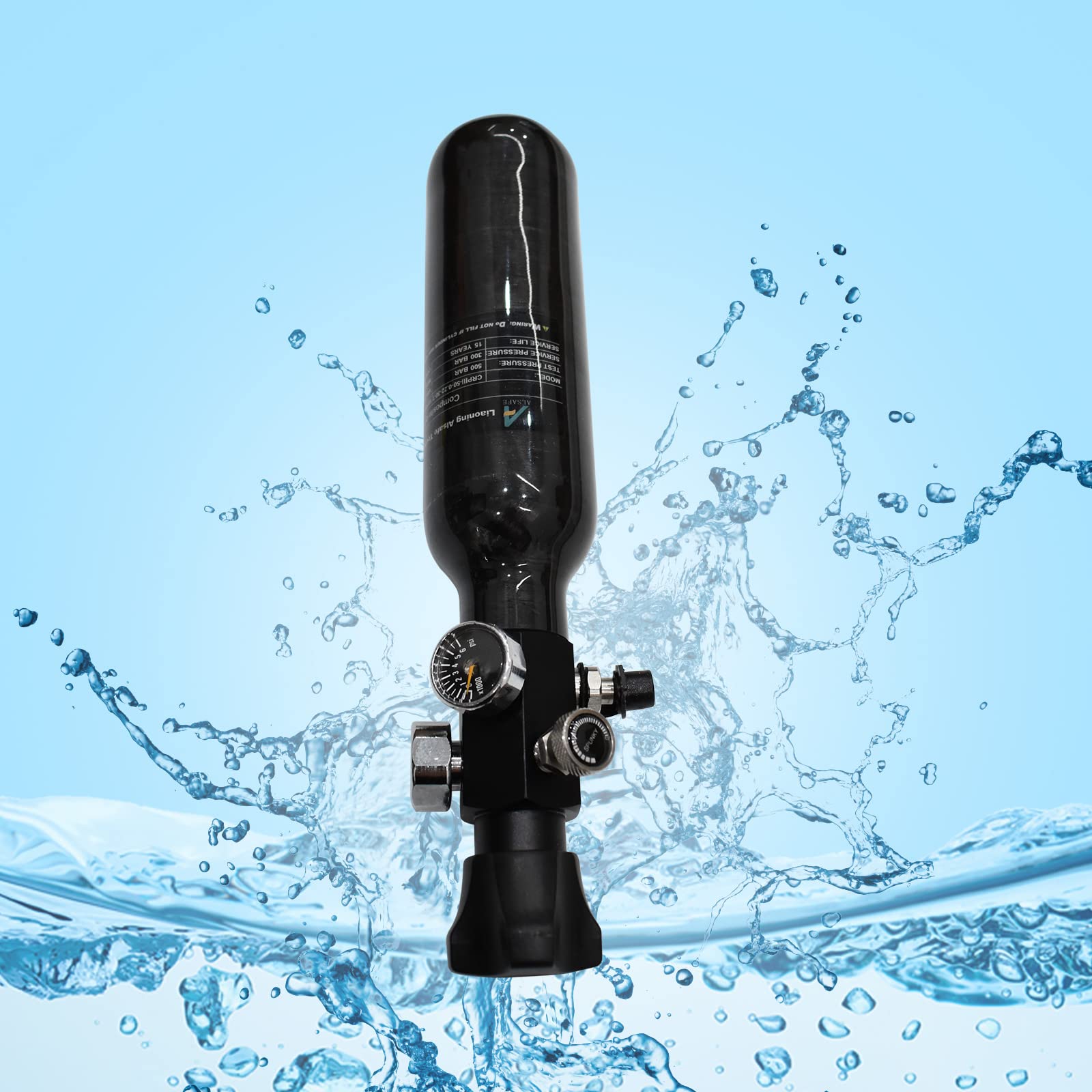 TUXING Réservoir d'air en Fibre de Carbone, 0,3 L/4500 psi, approuvé CE, système d'air comprimé PCP Paintball avec Valve de régulation (Bouteille Vide) (Ensemble de jauges Doubles)