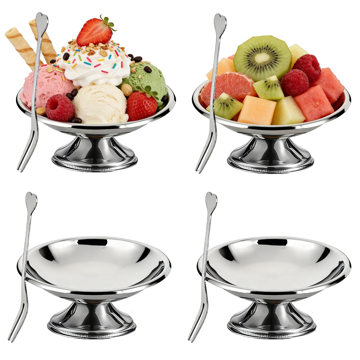 Tissting Ciotole per gelato con forchetta, coppe da dessert in acciaio inossidabile set da 4, ciotole da portata in metallo per budino, insalata e gelato, stoviglie da per uso domestico (10CM)