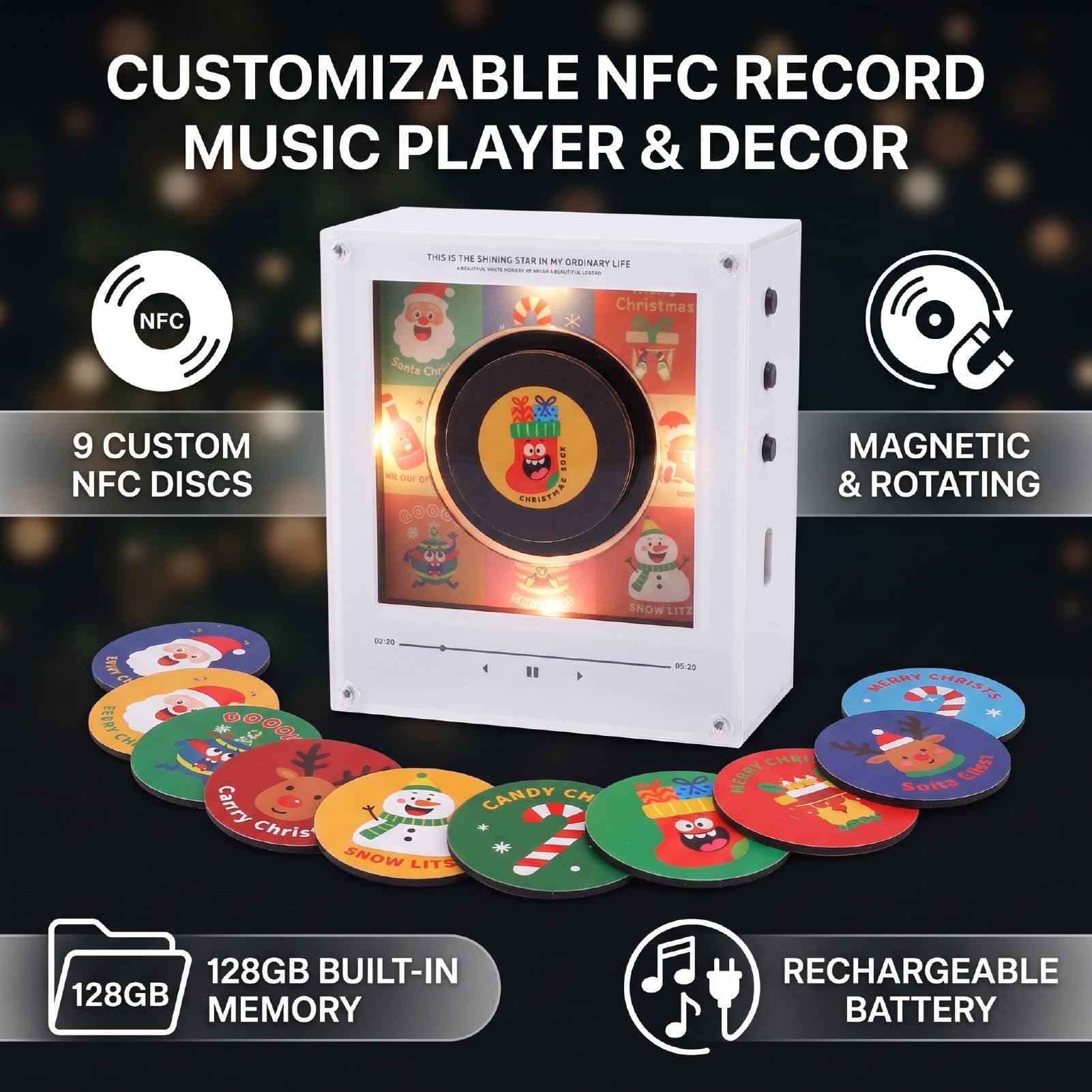 Sxhlseller Lettore Musicale NFC di Natale con 9 Dischi e Luce LED