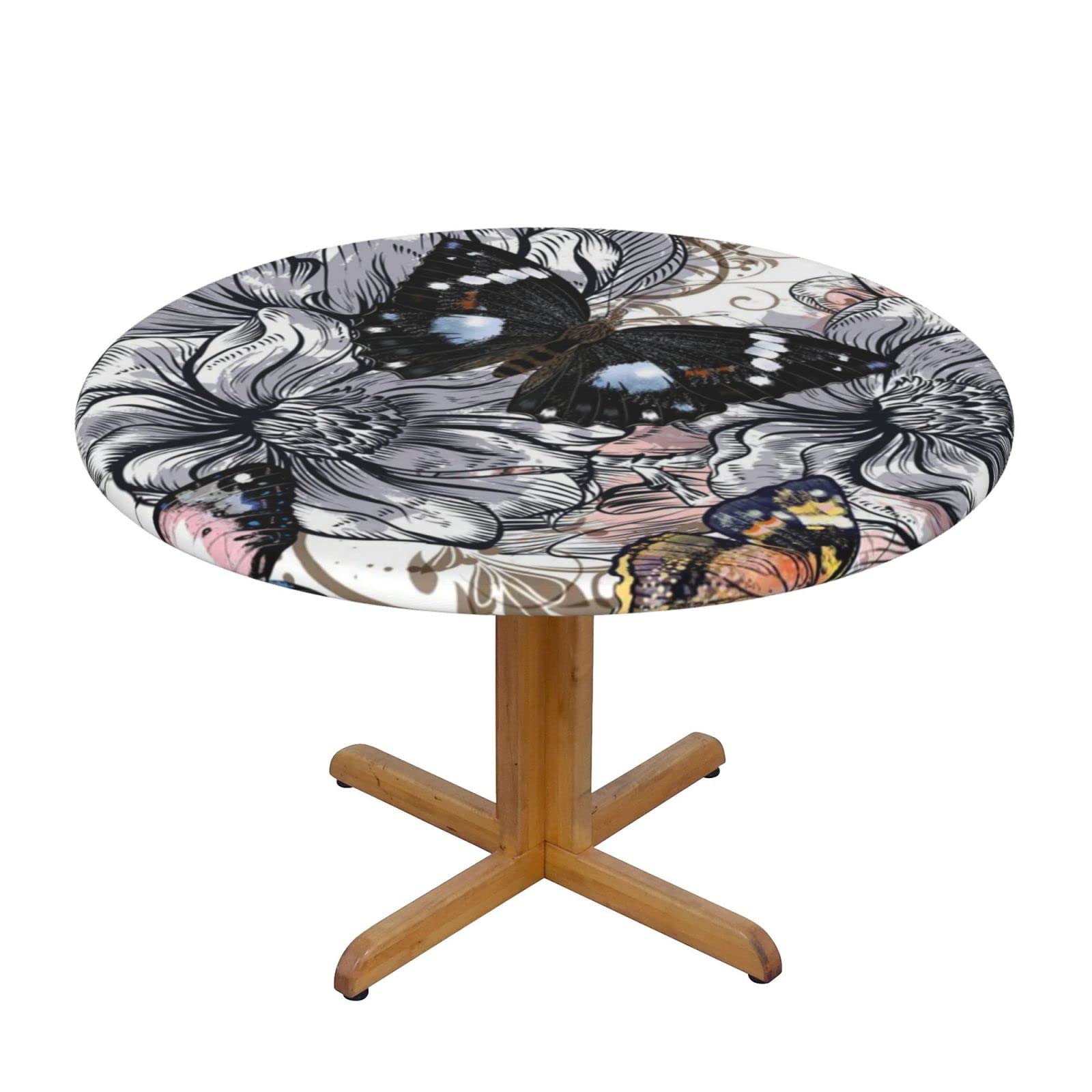 Lsjuee Round Fitted Tablecloth 45-50in Elastic Edged Table Cloth for Kitchen Dining Party Home Decor - Floral Butterfly Flower White