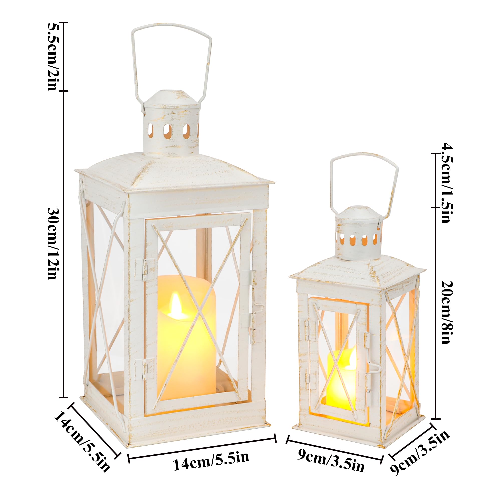 TRIROCKS Juego de 2 faroles decorativos para velas de metal de 30 cm y 20 cm de alto, perfecto para decoración del hogar, patio, sala de estar, fiestas, eventos, mesa, interiores y exteriores (blanco