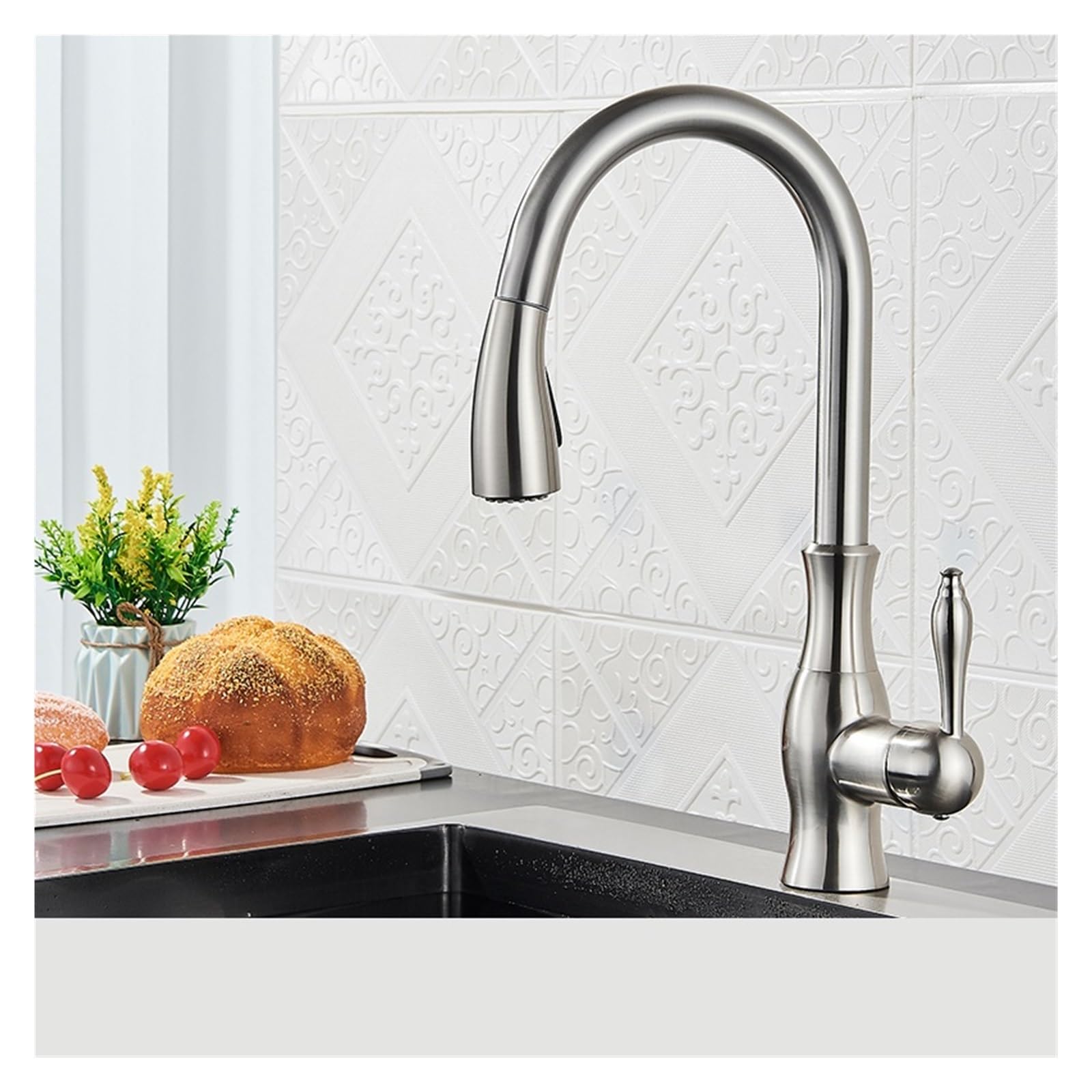 FCXWEVR Brushed Nickel Black Kitchen Faucet - 360° Pull Down Sprayer Single Lever Mixer Tap Modern Sink Faucet for Effortless Water Control