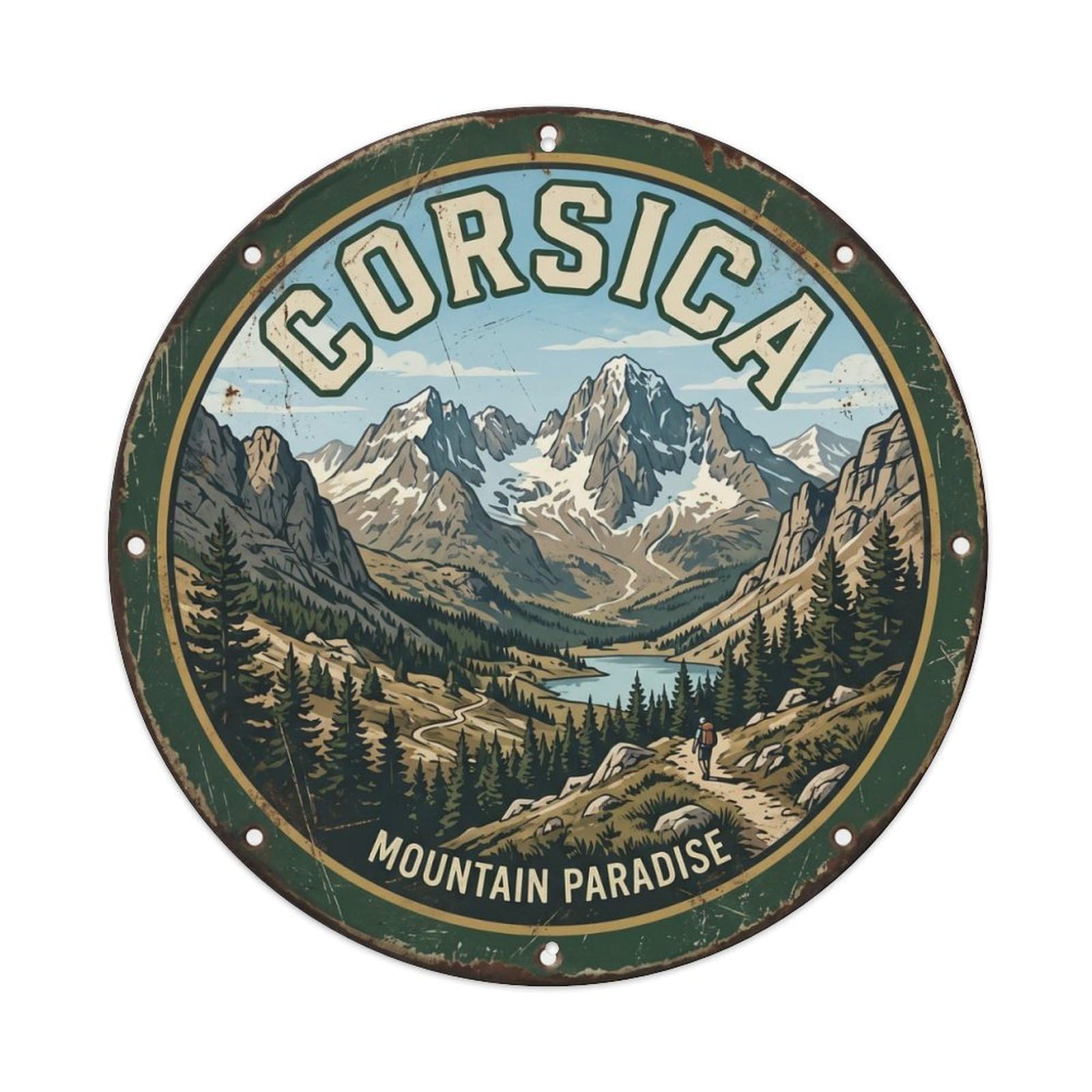 Vintage Travel Corsica Mountains France Metal Tin Sign Plaque Wall Decor for Cafe, Club, Garden Round Metal Poster 8x8Inch