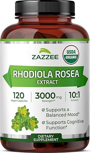 Zazzee Extracto orgánico USDA 10:1 de Rhodiola, 3000 mg de fuerza, 120 cápsulas, suministro de 4 meses, extracto estandarizado y concentrado 10X,