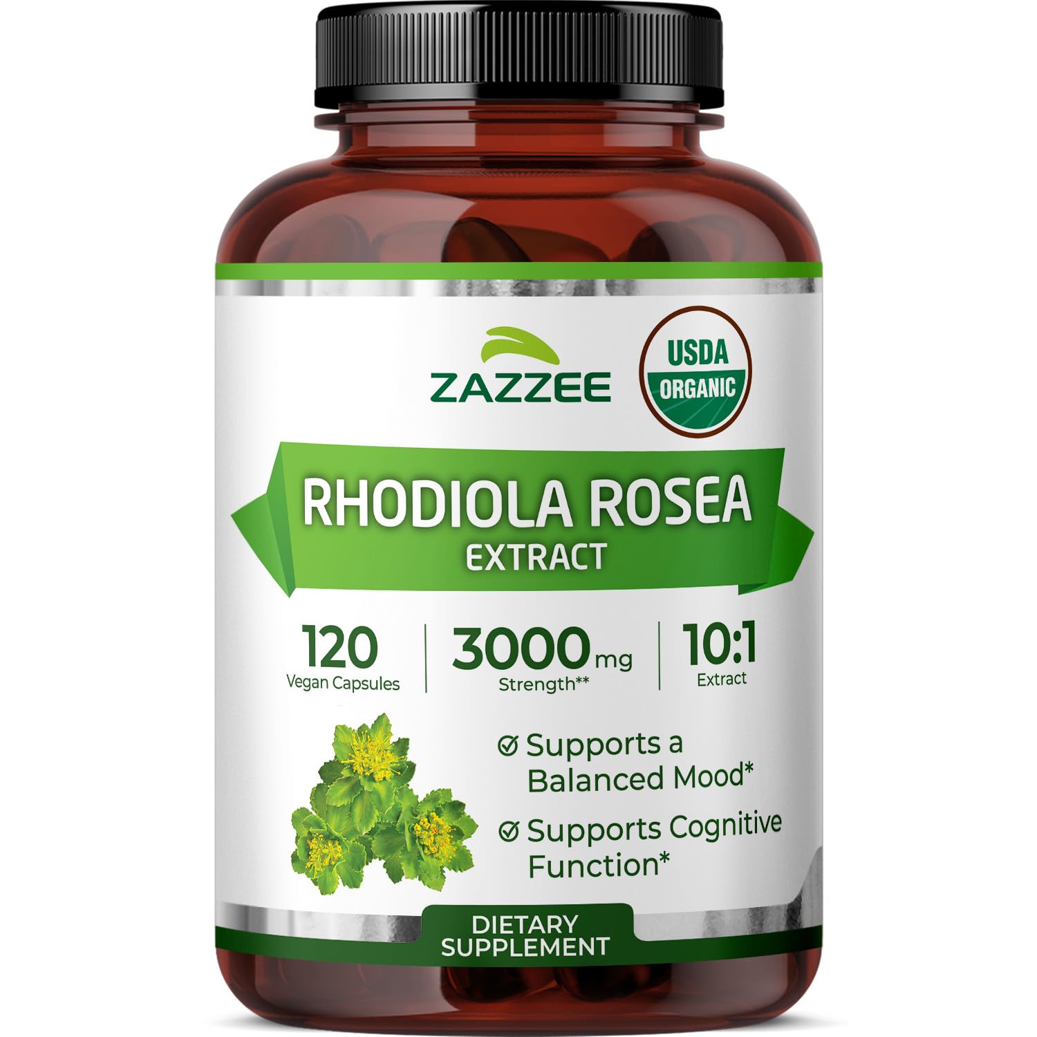 Zazzee USDA Organic Rhodiola 10:1 Exract, 3000 mg Strength, 120 Capsules, 4 Month Supply, Standardized and Concentrated 10X Extract, 100% Vegetarian, Extra Strength, All-Natural and Non-GMOUSDA Organic