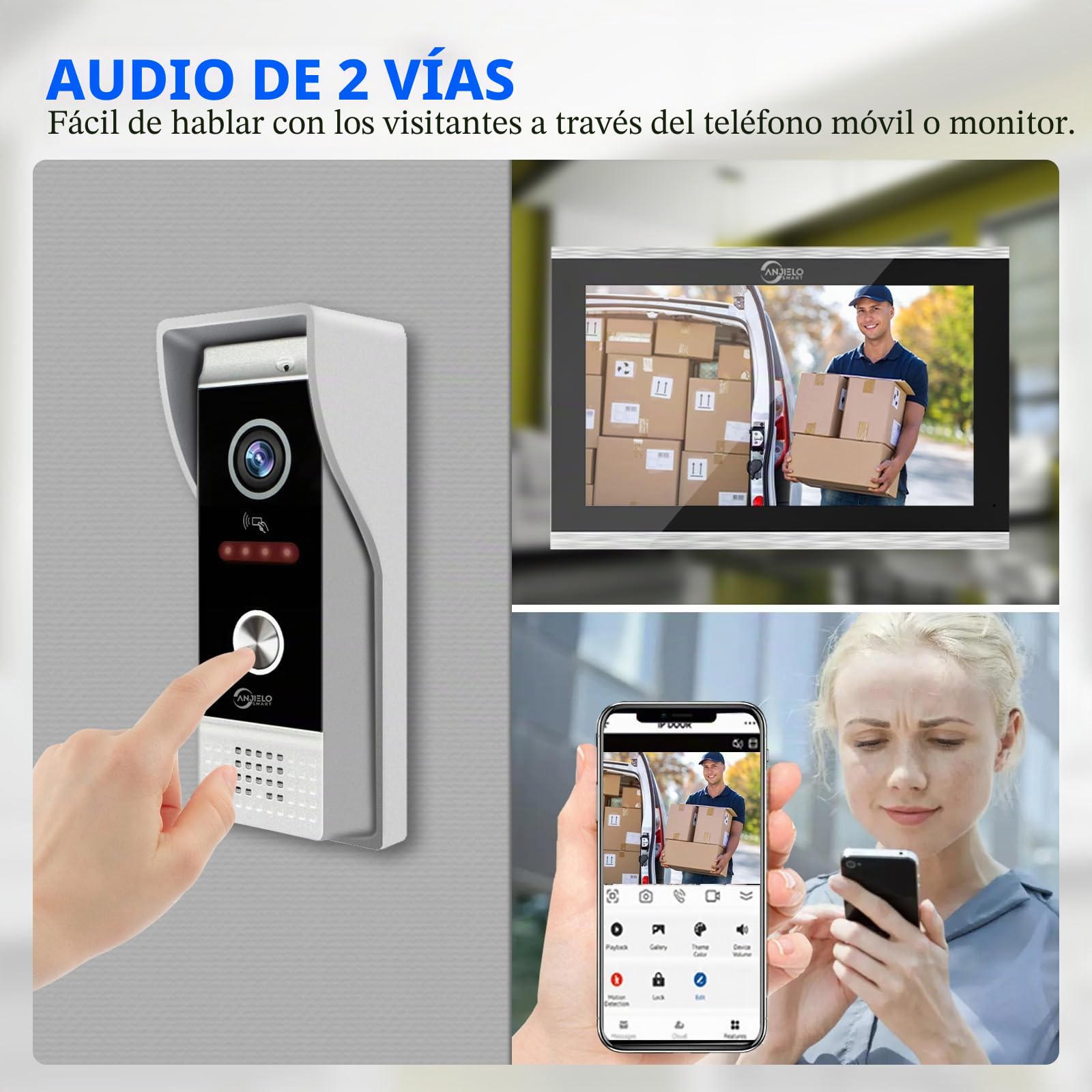 ANJIELO SMART 1080P Video Timbre Cámara con Pantalla Táctil de 7 pulgadas Video Timbre Intercomunicador (4 Cables) Soporte Grabación Automática Infrarrojo Visión Nocturna PIR Detección de Movimiento
