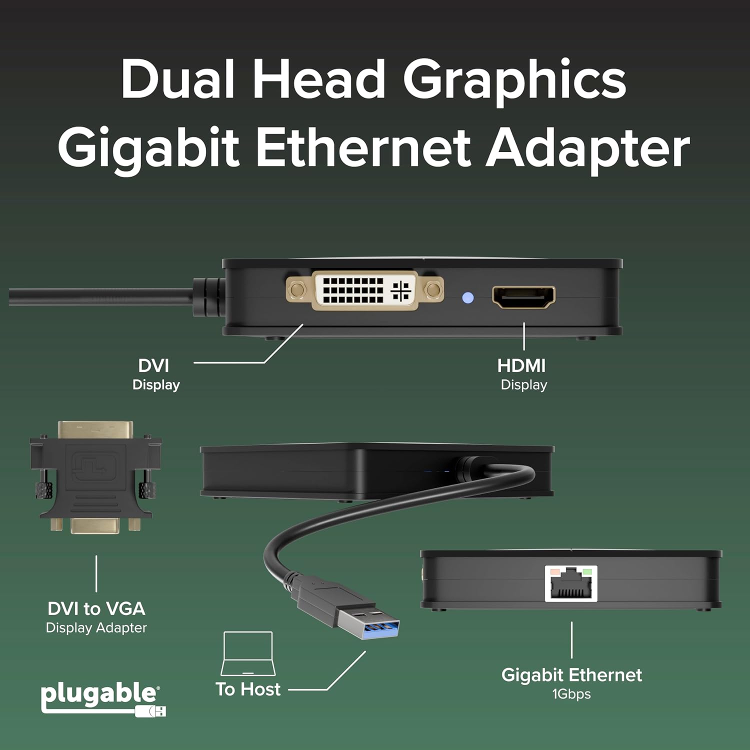 Plugable USB 3.0 Laptop Docking Station – Dual Monitor (HDMI & DVI/VGA), Gigabit Ethernet, Audio, USB Hub - Compatible with Windows & Mac image 2