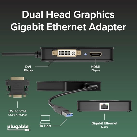 Plugable USB 3.0 Laptop Docking Station Dual Monitor (HDMI & DVI/VGA), Gigabit Ethernet, Audio, USB Hub - Compatible with Windows & Mac