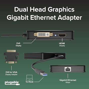 Plugable USB 3.0 Laptop Docking Station Dual Monitor (HDMI & DVI/VGA), Gigabit Ethernet, Audio, USB Hub - Compatible with Windows & Mac