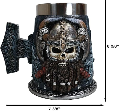 Miniatura 2 de Ebros Gift Mitología nórdica gótica vikinga cráneo Ragnar Danegeld Warrior con casco de cuernos taza de café con martillo runa mango de nudos, taza