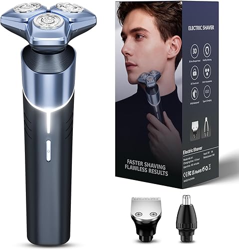 Maquinilla de afeitar eléctrica para hombres: afeitadora 3 en 1 con cortadora de pelo y recortadora de nariz, cabezales flotantes 3D, carga USB-C,