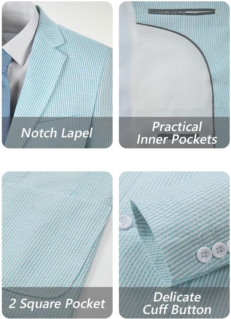 Blue Seersucker Suits 2 Piece Casual Summer Beach Men Suits Wedding Grooms Jacket Pants Striped Suit Set - Image 2