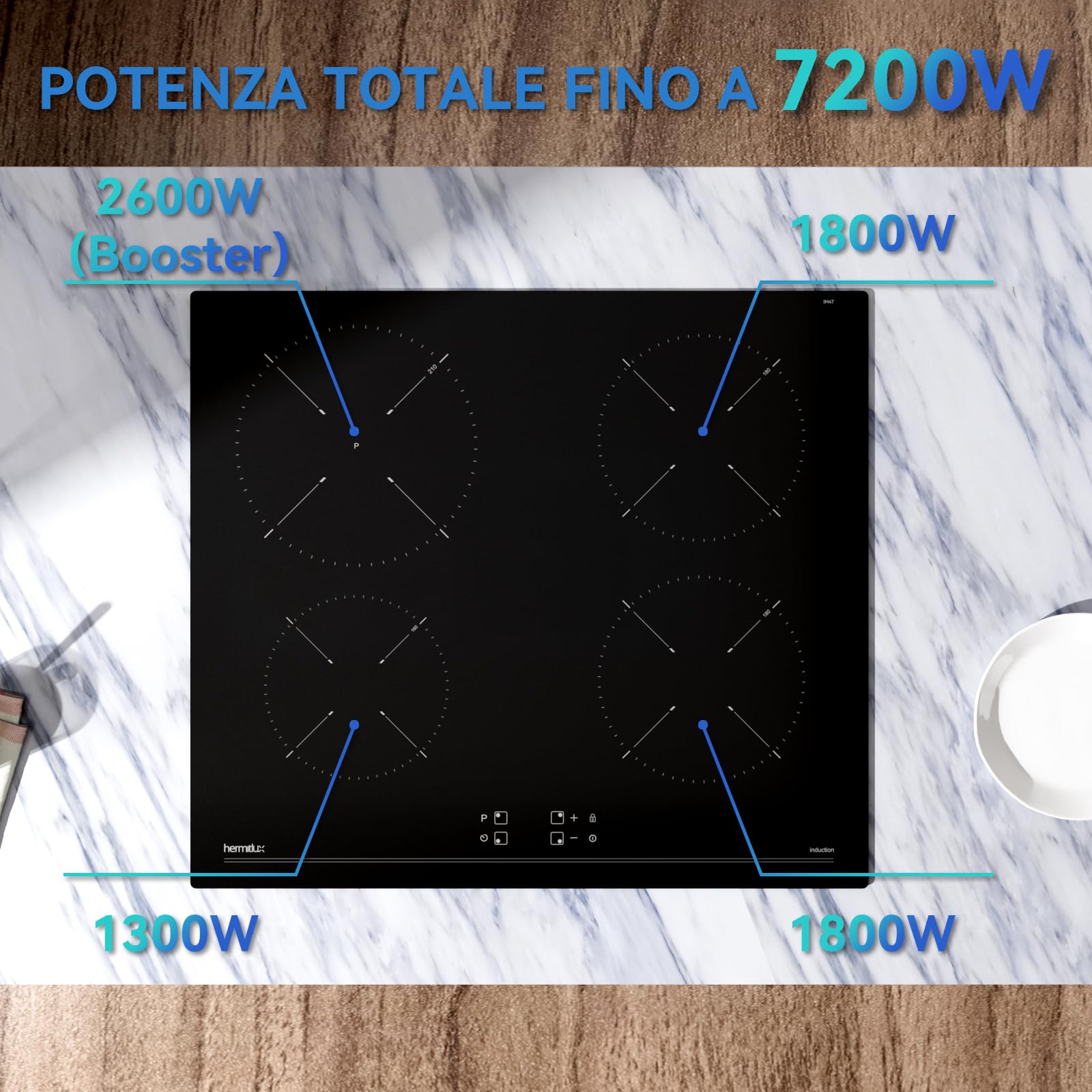 Hermitlux Piano Cottura a Induzione 4 Fuochi 60cm, 7200 W Piastra Induzione con Comandi Touch, Blocco Sicurezza e Timer Elettronico, Nero