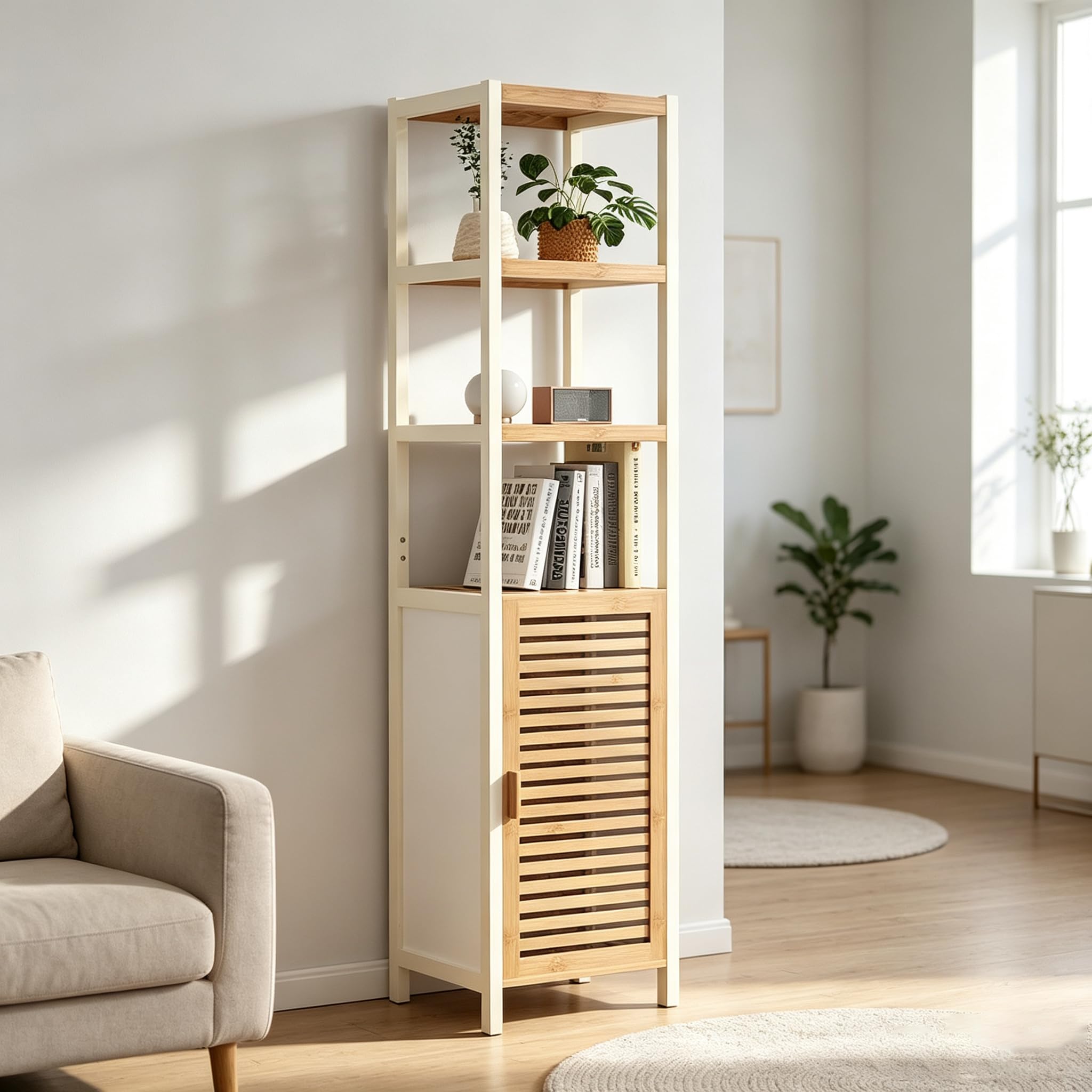 Étagère en Bambou Salle de Bain, Meuble de Rangement en Bambou avec 3 Compartiments Ouverts et Armoire, Aucun Perçage Requis, pour Salle de Bain, Salon, Cuisine, 33 x 33 x 165 cm
