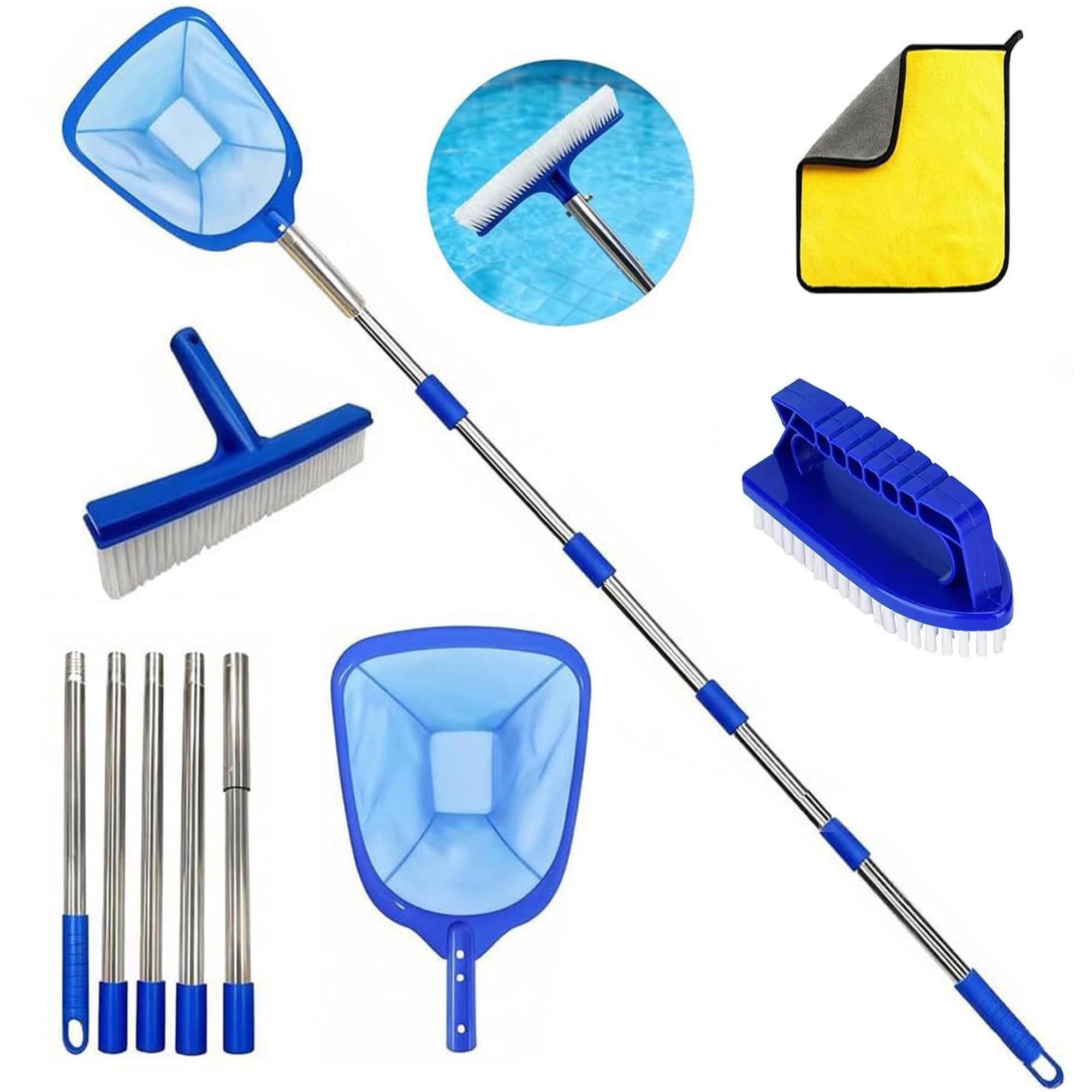 Pool Kescher mit Teleskopstange 220cm Lang,Teichkescher Feinmaschig,Pool Sieb Kescher Fein,Poolnetz Feinmaschig,Laubkescher Pool mit Poolbürste,Pool Reinigungsset,für Schwimmbad,Spas,Whirlpools