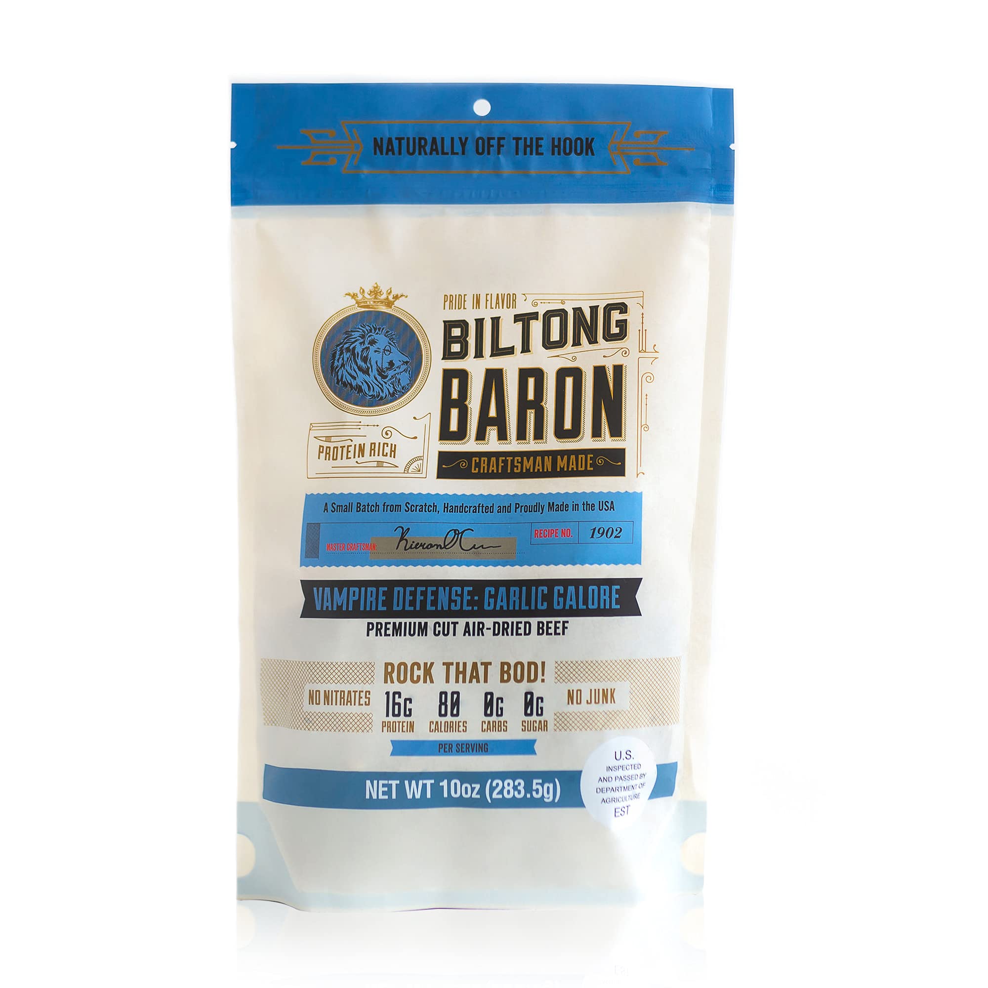Biltong BaronAir-Dried Beef Jerky – Healthy Snack Packs for Keto, Paleo, and Whole30 Diets – Vampire Defense: Garlic Galore Recipe – Perfect Snacks for Travelers & Gym Enthusiasts – 10 Oz. Mega Bag