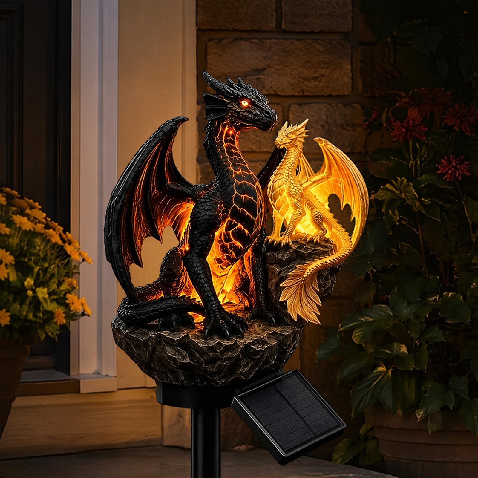 Multicolor Dragon Solar Garden Light, 17In Resin Gothic Statue Lamp Outdoor