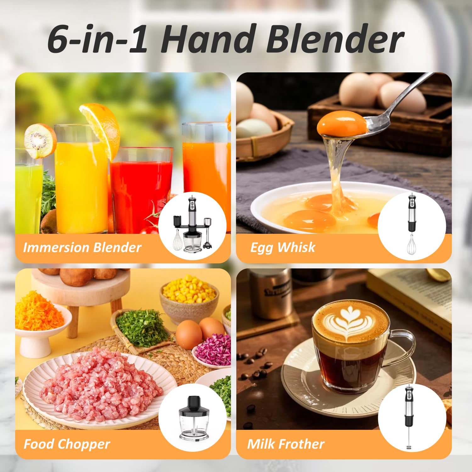 Licuadora de inmersión de mano, 5 en 1 con cable de emulsión manual para cocina, licuadora eléctrica de 12 velocidades para alimentos para bebés, batidos, sopas, puré 7