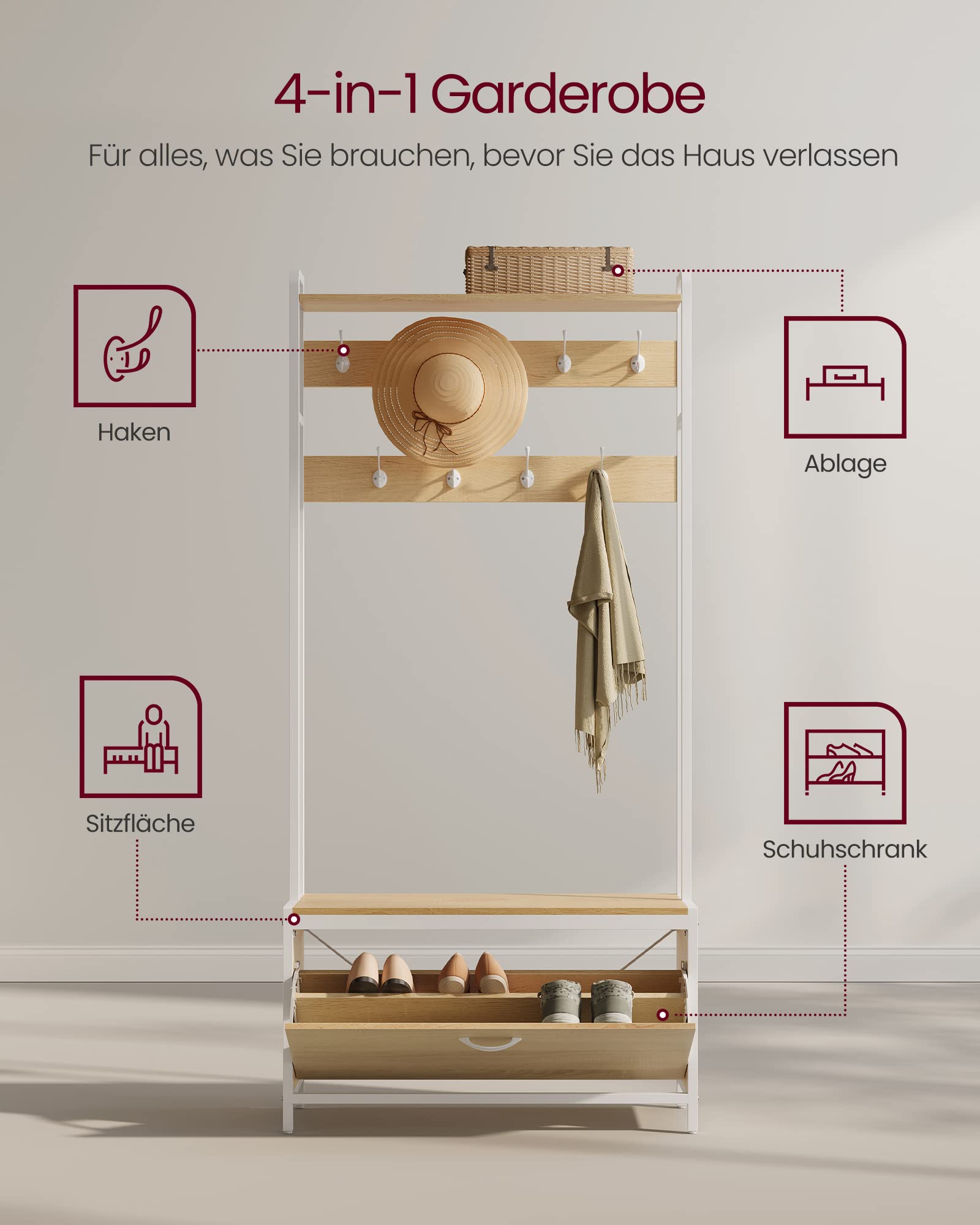 VASAGLE Garderobenständer mit Schuhschrank, Garderobe mit Sitzbank, Kleiderständer, Schuhkipper, 9 Haken, obere Ablage, für Flur, Schlafzimmer, modernes Design, eichenfarben-weiß HSR405W09