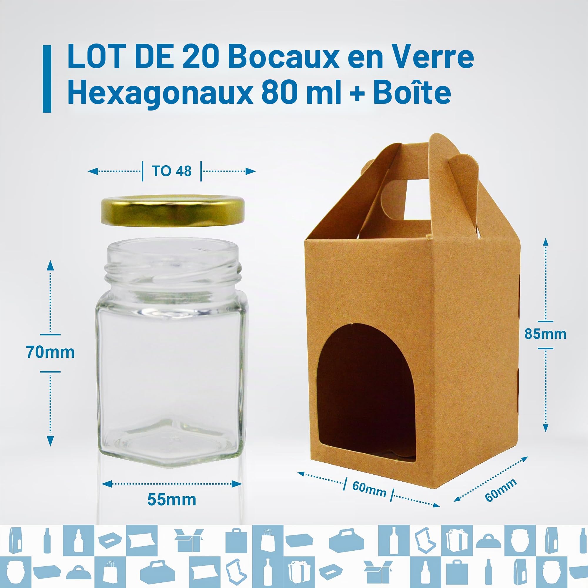 Espirito Rebelde 20x Petit Pot de Miel Hexagonal avec Couvercle 80ml + 20x Boîte Kraft pour 1 Pot - Idéal pour la Conservation de Miel, Confiture, Épices, Yaourt