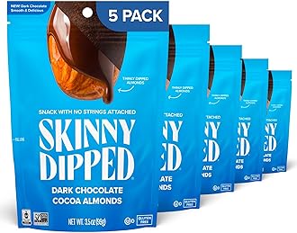SkinnyDipped Dark Chocolate Cocoa Almonds, Healthy Snack, Plant Protein, Gluten Free, 3.5 oz Resealable Bags (Pack of 5)