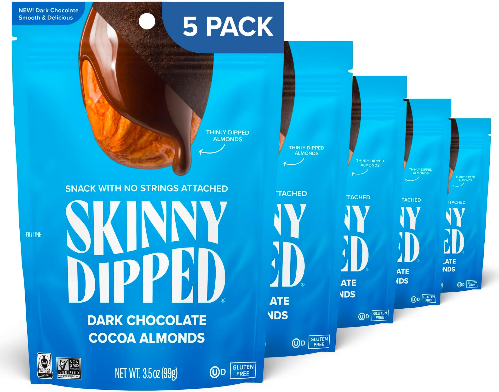 SkinnyDipped Dark Chocolate Cocoa Almonds, Healthy Snack, Plant Protein, Gluten Free, 3.5 oz Resealable Bags (Pack of 5)