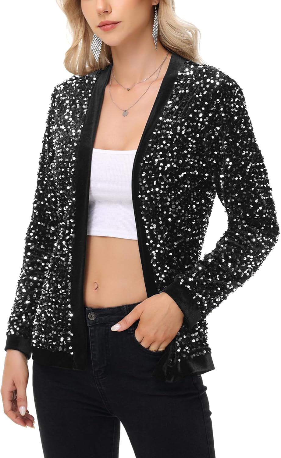 Anna-Kaci Women's Sparkly Sequin Cardigan Long Sleeve Open Front Glitter Party Sequin Blazer Jacket - Image 4