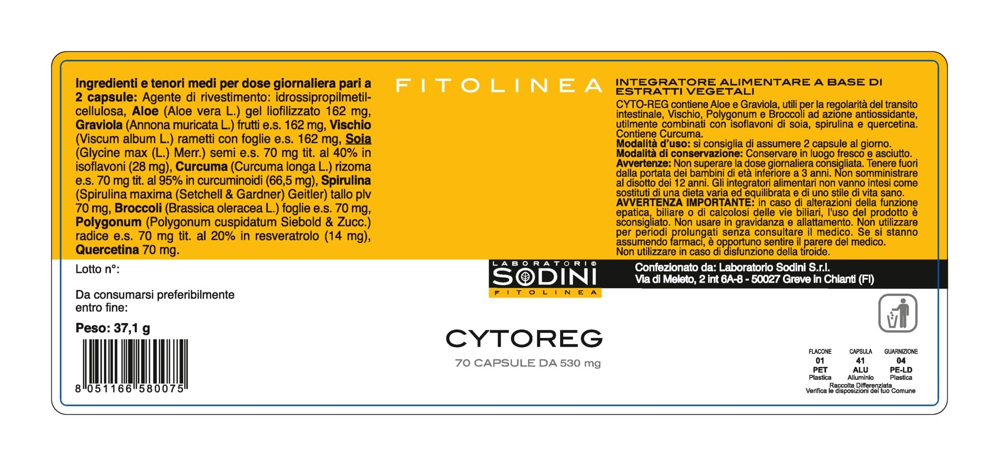 Cytoreg - Integratore Alimentare - con Vischio, Curcuma, Quercitina, Spirulina e Aloe - Azione Antiossidante, per il Fisiologico Metabolismo Cellulare - 70 Capsule