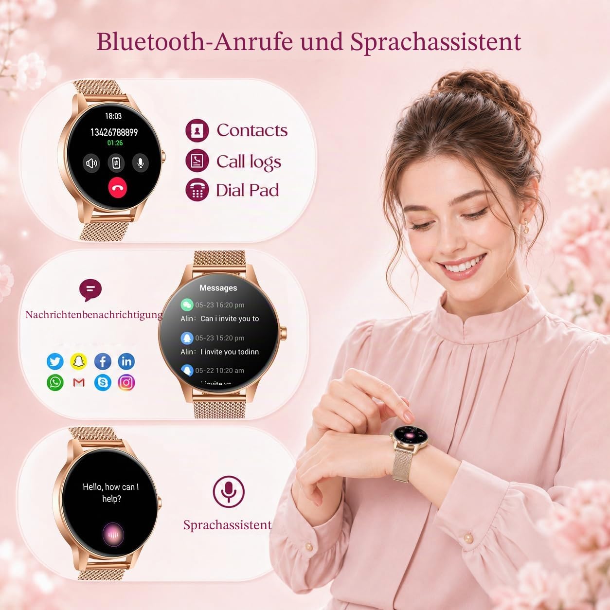 Smartwatch Damen mit Bluetooth Anrufe Fitnessuhr: 1.27" HD Touchscreen Smart Watch mit Herzfrequenz Schlafmonitor Schrittzähler 100+ Sportmodi Fitness Tracker IP68 Wasserdicht Uhren IOS Android
