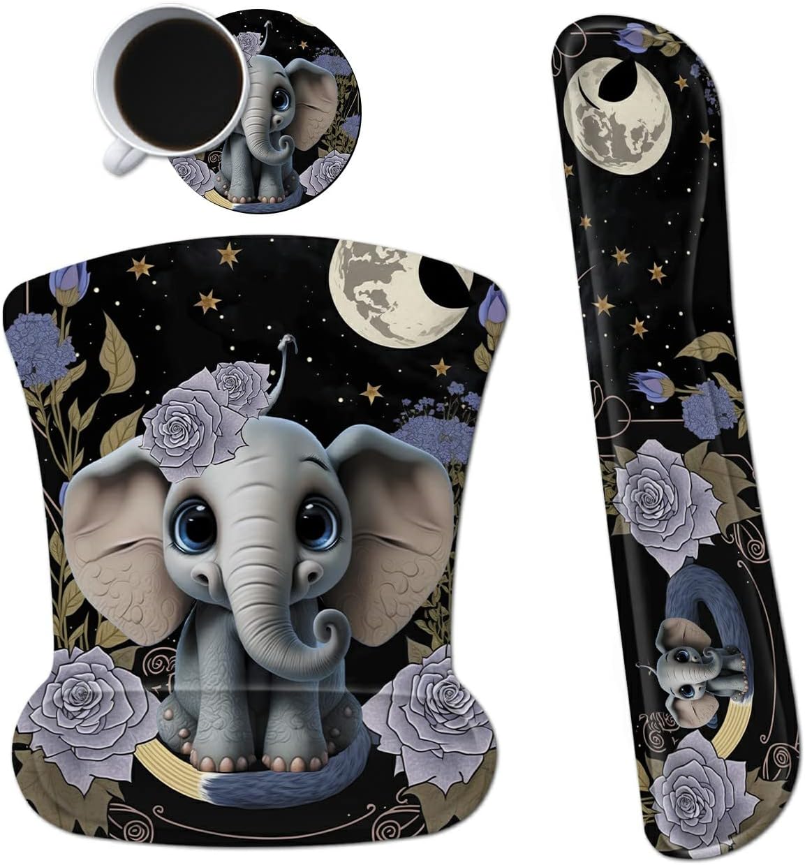 Ergonomic Mouse Pad with Wrist Support Gel Mouse Pads and Upgrade Keyboard Wrist Rest Pad Set, Coasters Non-Slip PU Base Mouse Mat for Office Gaming Computer Laptop Home, Flower Elephant