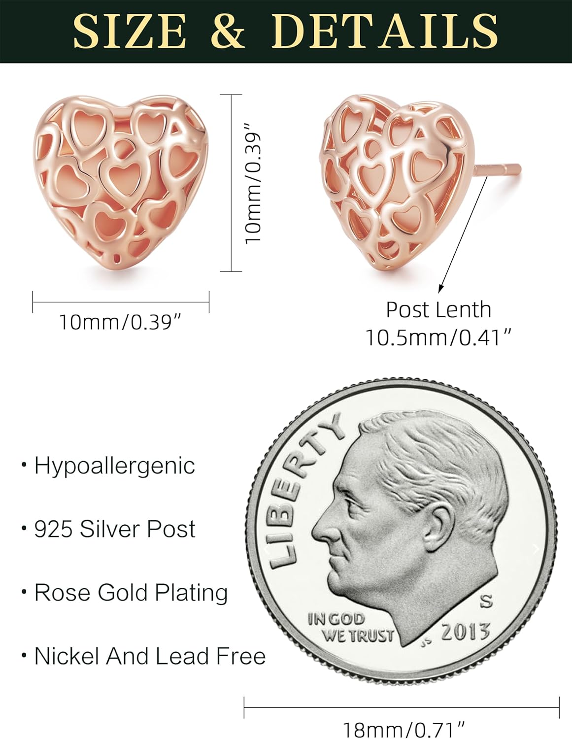 925 Sterling Silver Heart Stud Earrings for Women 14K Gold Plated French Style Earrings | Hypoallergenic Jewelry - Image 6