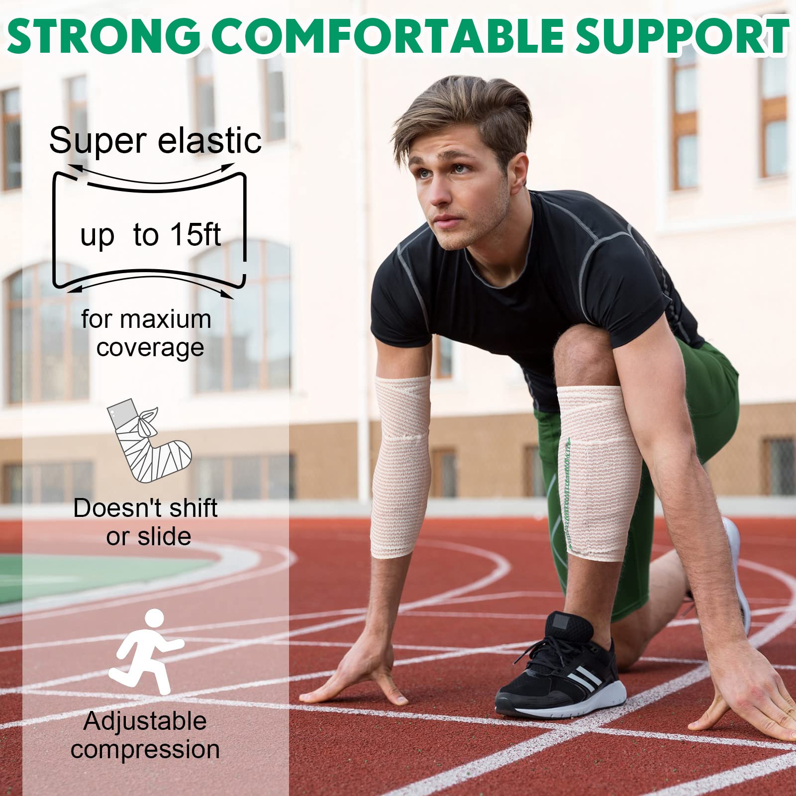 LEIFIDE Fascia di compressione con chiusura automatica su entrambe le estremità, fascia elastica per gambe, ginocchia, caviglie, polsi, gomiti, spalle, bendaggio atletico elasticizzato (bordo verde