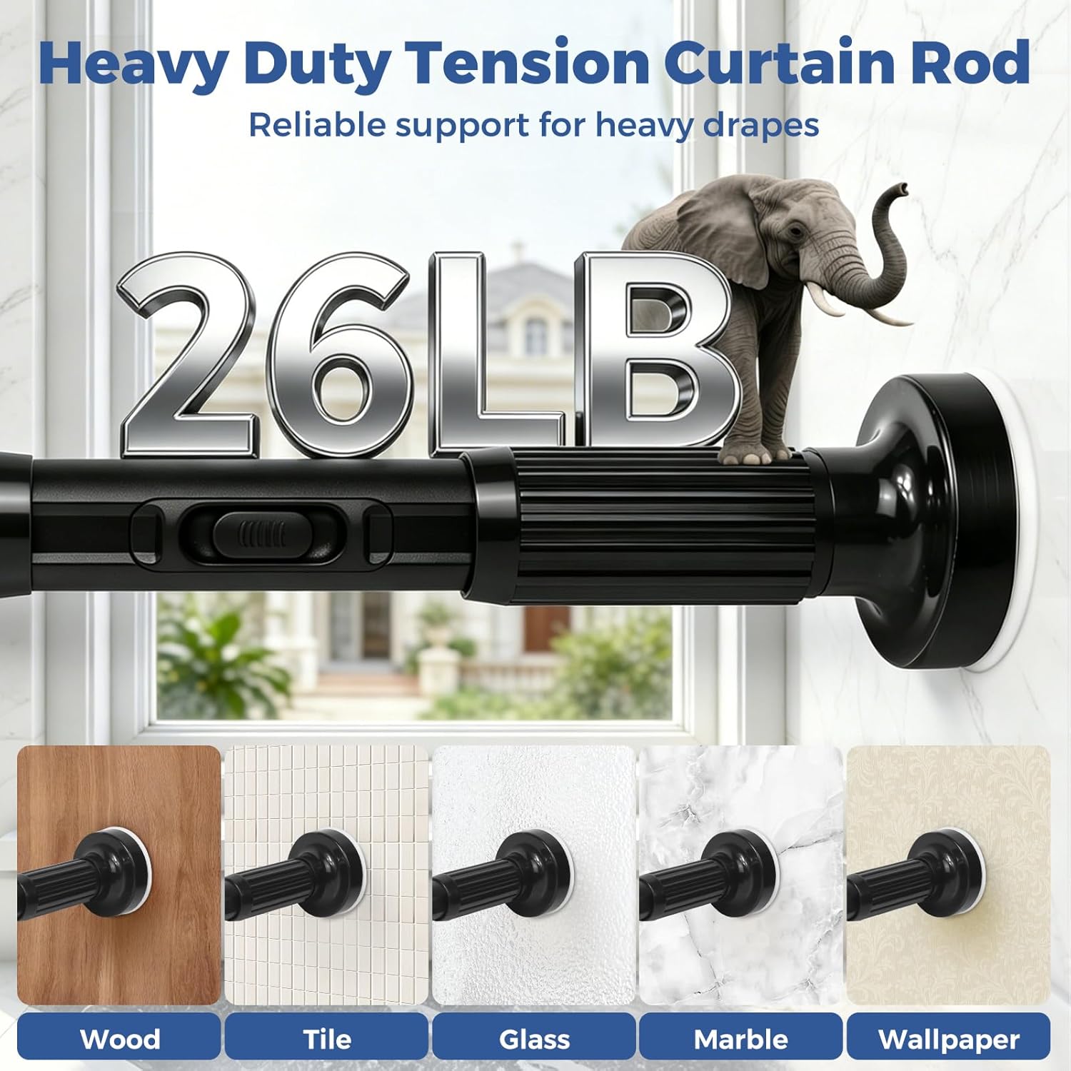 Tension Curtain Rods 51-122 Inch(5-10 Ft),Long Tension Rods No Drilling,Heavy Duty tension rod for Bathroom Windows Room Divider Outdoor Patio,Easy Install,Never Rust,Diameter 1.26 In-Black