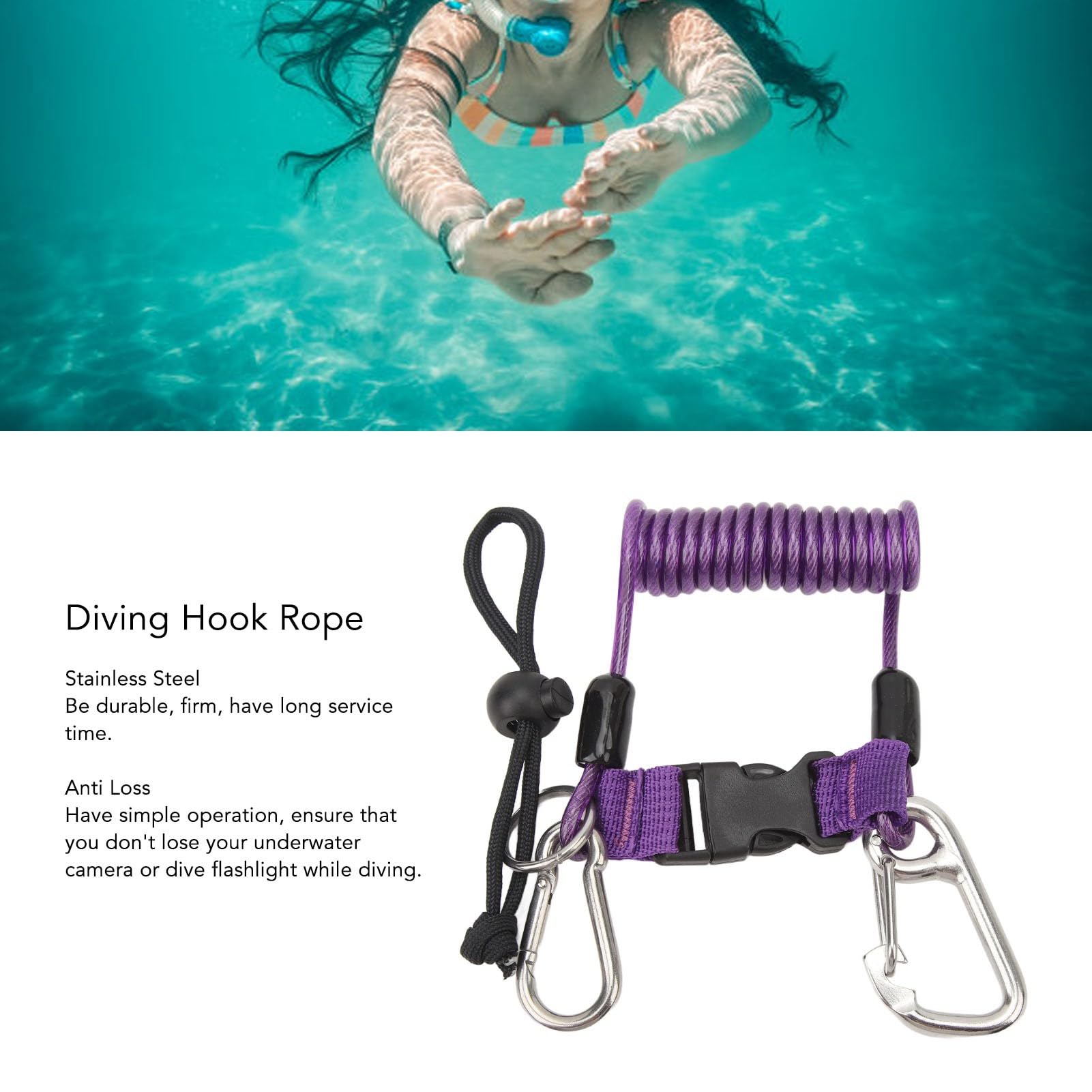 cardyven Scuba Diving Hook Rope, Stainless Steel Spring Coiled Lanyard Flexible Anti Lost Diving Camera Rope Diving Reef Hook Spring Rope with Quick Release Buckle (Purple)