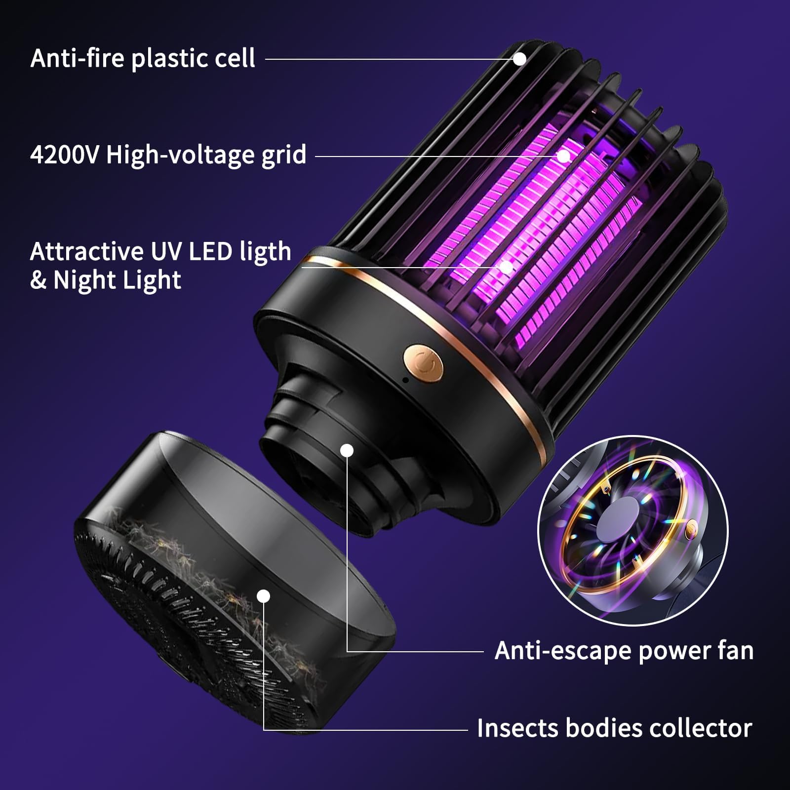 Insektenvernichter Elektrisch – 4200V Mückenlampe mit UV-Licht, USB elektrische Fliegenfalle, kompakt mit Reinigungsbürste & Aufhängehaken für Camping/Garten/Balkon/Schlafzimmer-Mückenvernichter-Lampe