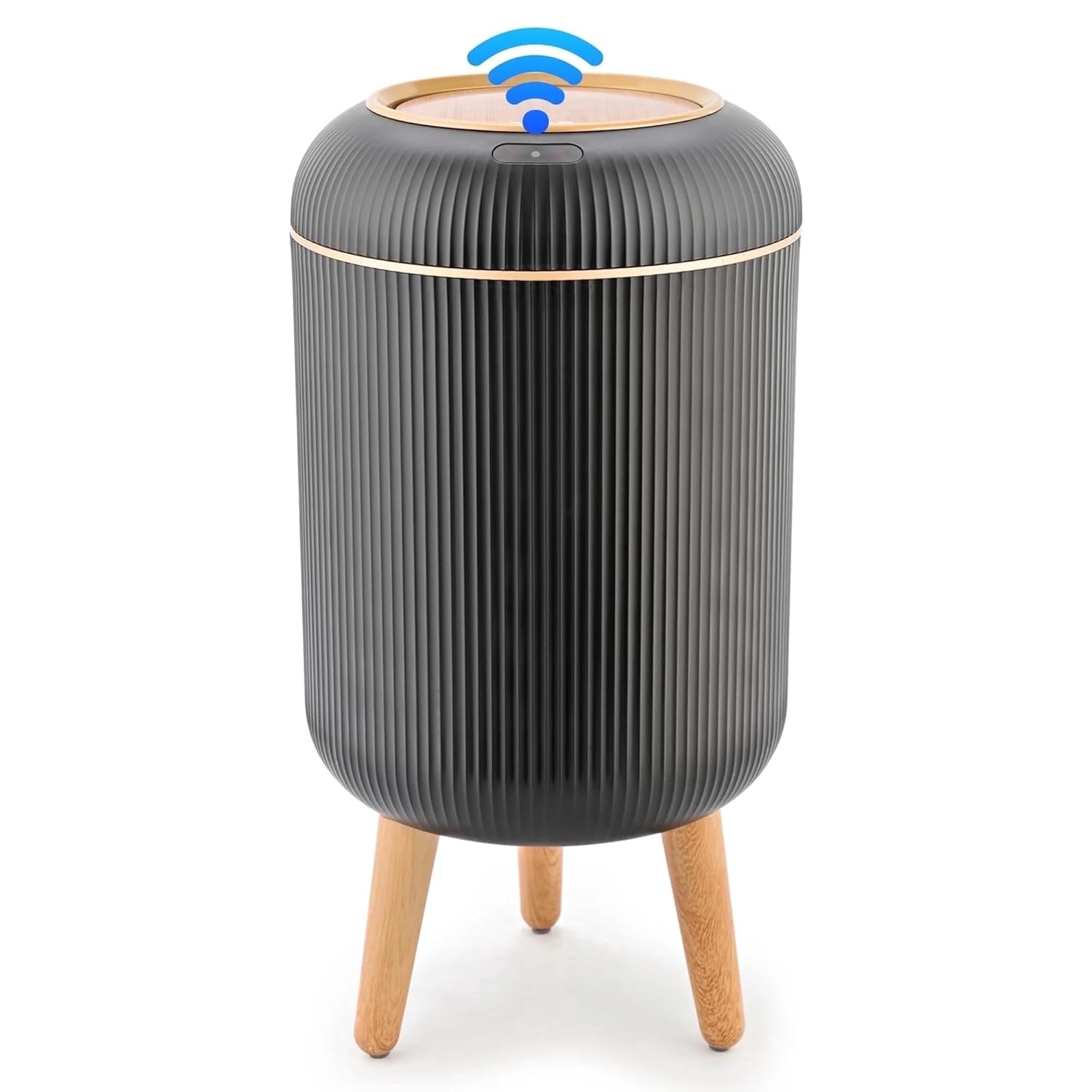 2.6 Gallon Touchless Motion Sensor Trash Can with Wooden Legs, Automatic Lid Smart Waste Bin for Bathroom Kitchen Office, Waterproof Plastic, Gray