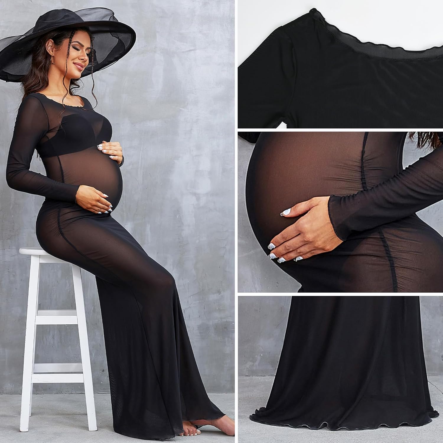Bhome Maternity Photoshoot Dress Long Sleeve Sheer Mesh Maternity Maxi Gown Babyshower - Image 5