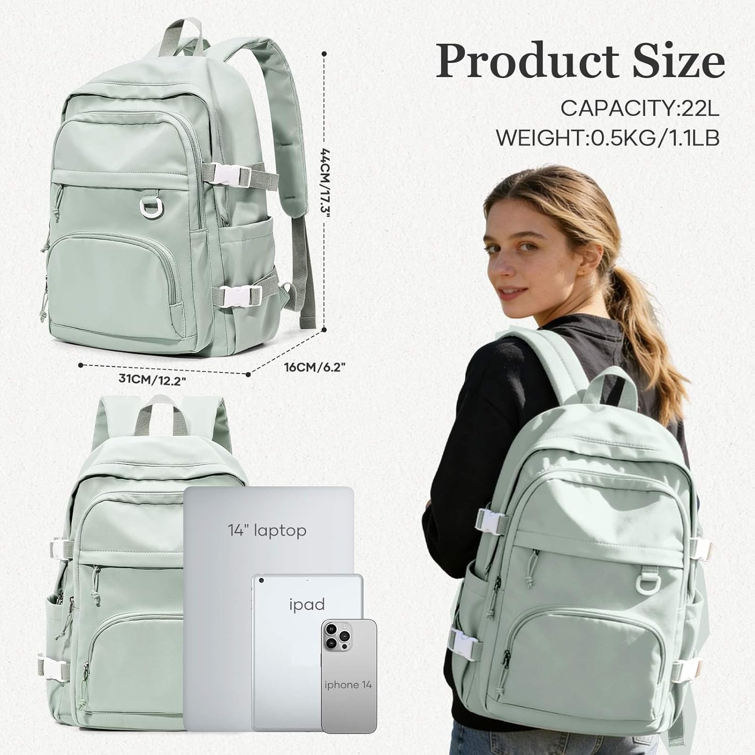 Lightweight College Backpack for Women Men Cute School Bag for Teens Girls Boys High School Backpack for Students Waterproof Casual Daypack Backpack(Green) - Image 2
