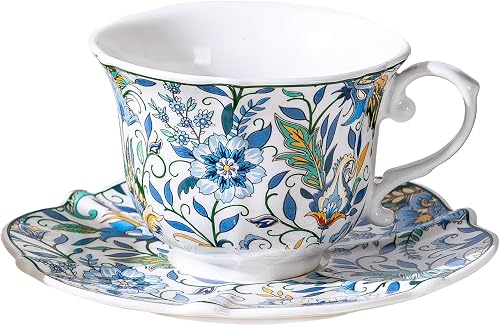 CLAYORA Bone China Tea Cup and Saucer Set - Vintage Blue Coffee Cup and Saucer f