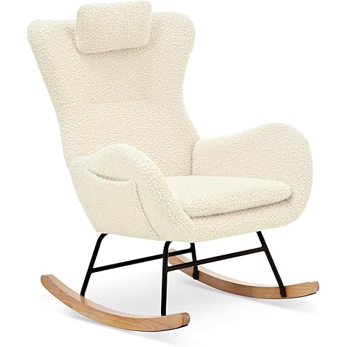 Rocking Chair Nursery Rocker Teddy Upholstered Reading Chairs Indoor with High Backrest Rocking Accent Chair, Padded Seat Nursing Chair with Headrest Baby Rocking Chair for Bed Room Baby Room
