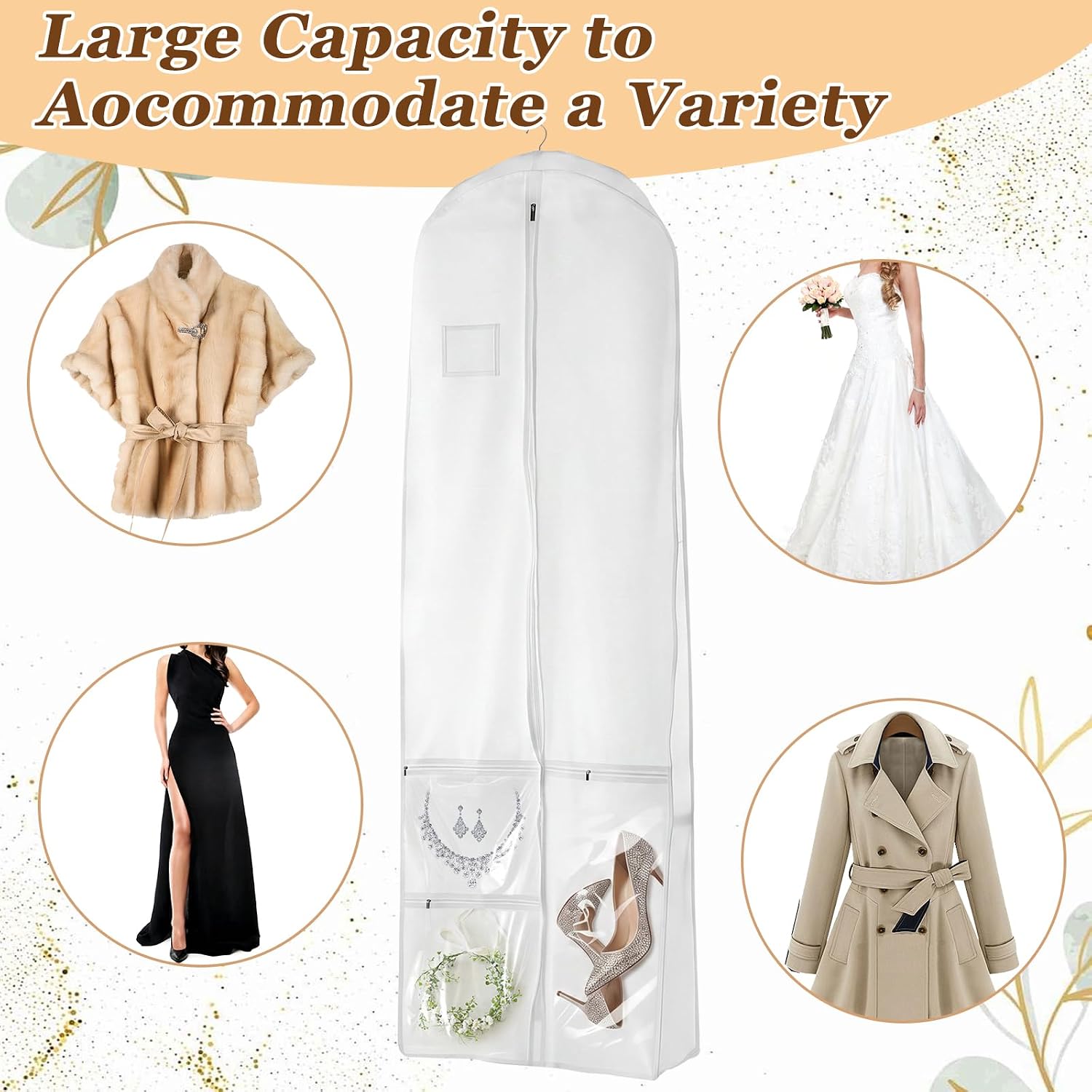 Wedding Dress Garment Bag, 2 Pcs 71" Bridal Wedding Gown Dress Garment Bag, Portable Long Garment Bags with 3 Pockets for Dress Travel (White) image 5