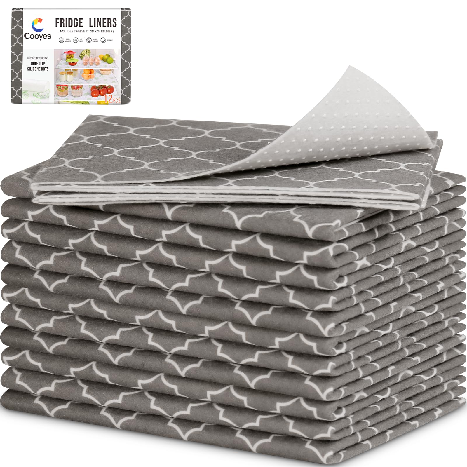 Cooyes Forros de refrigerador 2 en 1 y tapetes frescos para cajones de nevera y estantes de vidrio, forros absorbentes para nevera, lavables, de tela sin BPA, mantiene los productos frescos durante