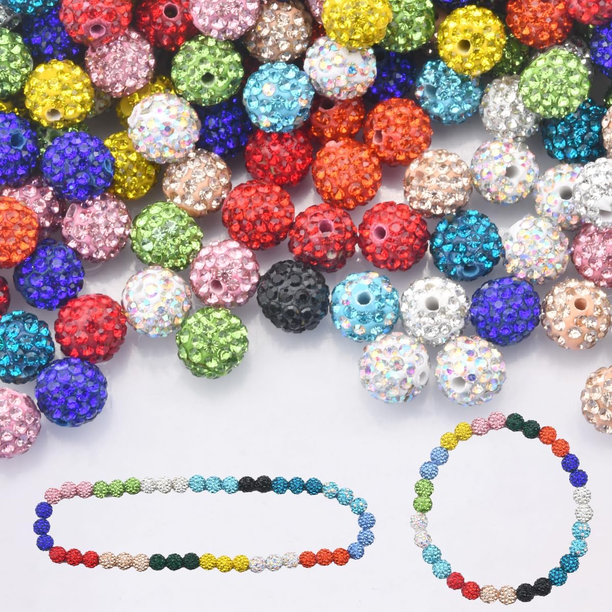 240pcs 10mm Rhinestone Clay Beads for Crafting - Ice Collection Baseball Bling Style, Round Shamballa Disco Ball Design, Fancy Sparkle for DIY Necklace Jewelry Making Christmas Decor (15 Colors)